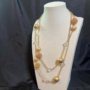 Vintage Gold Tone Bead Necklace 42" Mesh Glitter Crystal Beads Holiday Glam Long